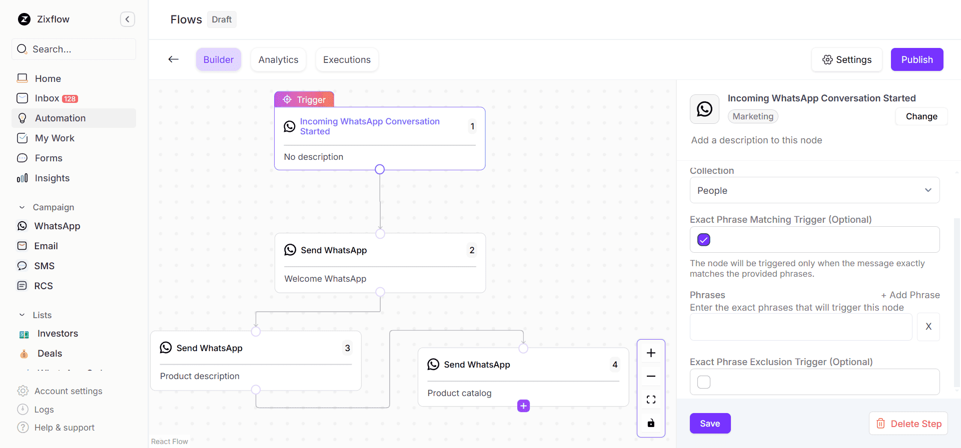 Zixflow’s workflow builder to design conditional triggers for your WhatsApp journeys.
