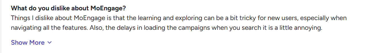 MoEngage review on G2 about the steep learning curve of the platform.