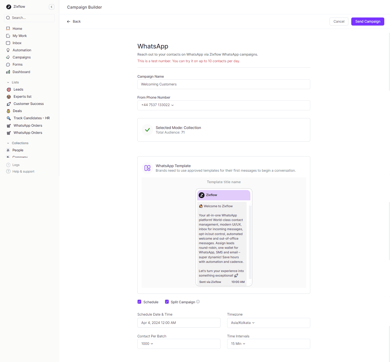 Zixflow’s visual campaign builder to run WhatsApp campaigns effectively.