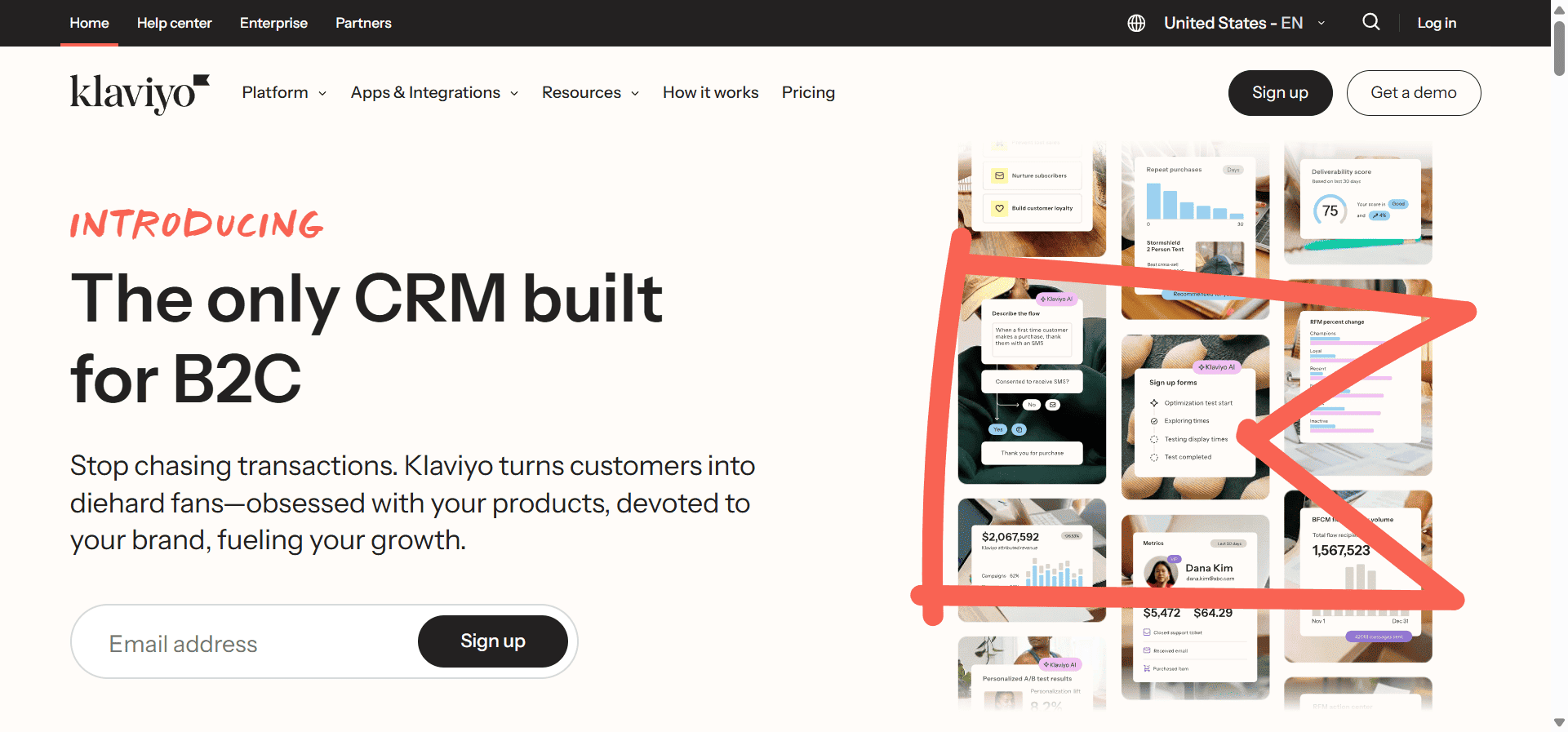 Homepage of Klaviyo, a MoEngage competitor for e-commerce businesses.