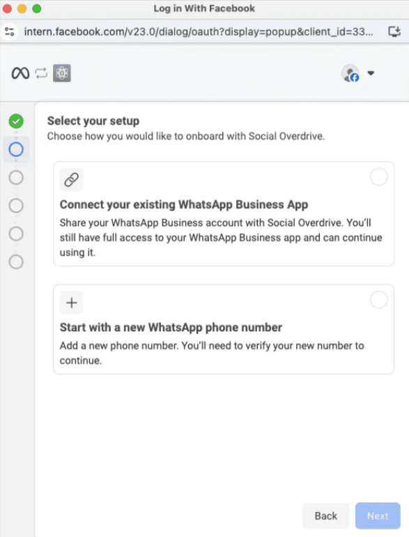 Meta Business Manager showing the Embedded Signup option.