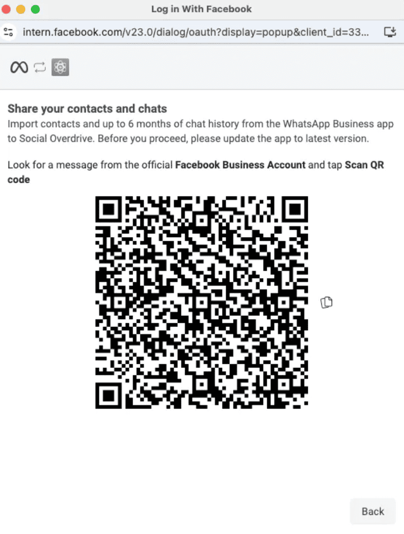 QR code that you can scan to import your contacts and messaging history from the WhatsApp app.