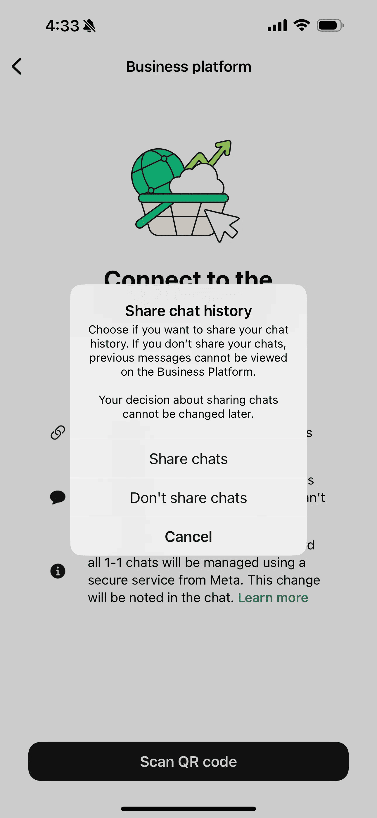The Share Chat pop-up asking for permission from a business to share chat history. 