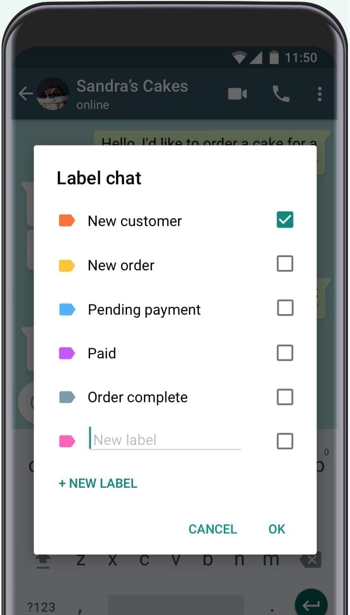  A list of WhatsApp Labels saved in the WhatsApp Business app.