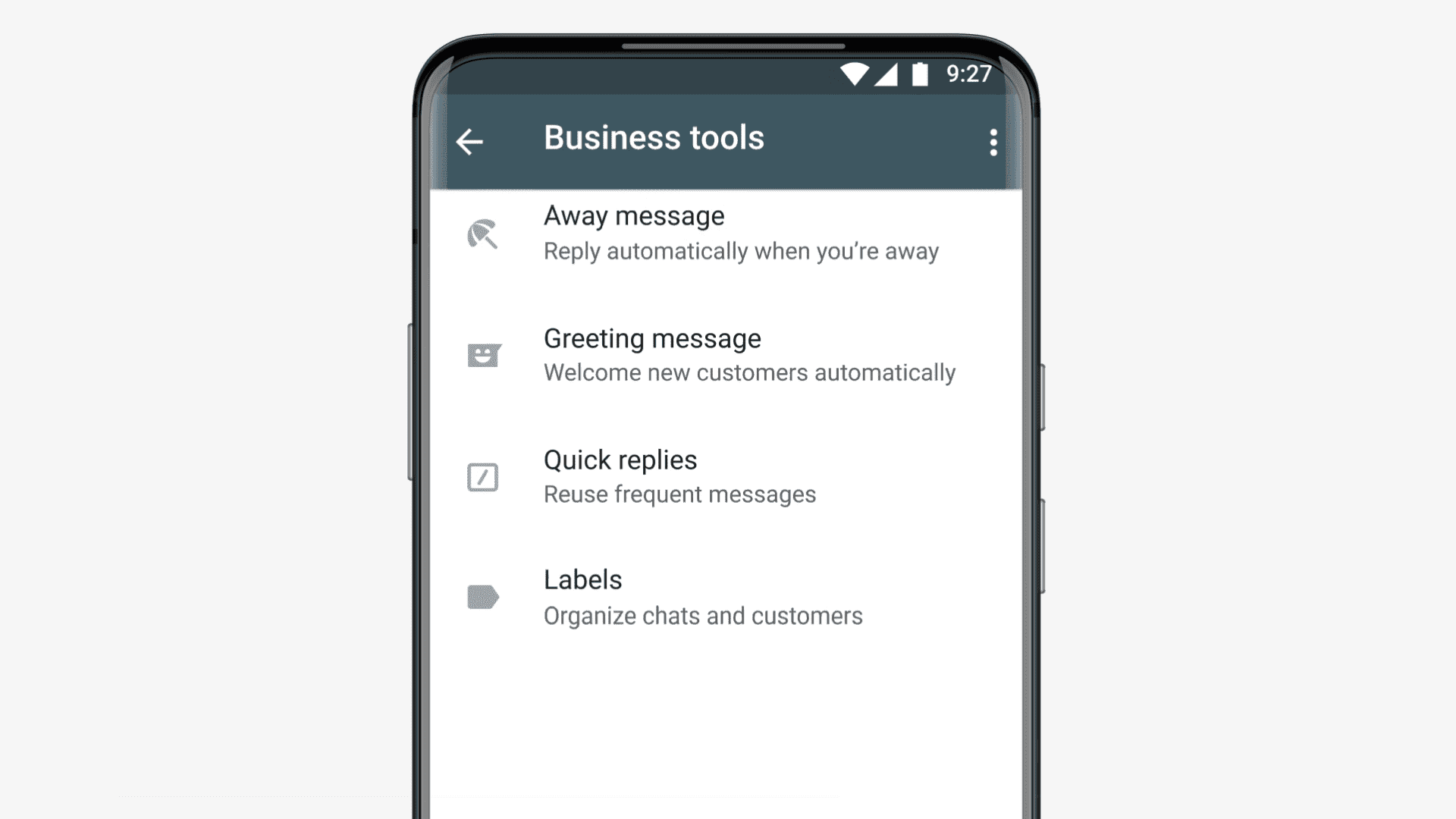 WhatsApp Business tools settings with Labels option.