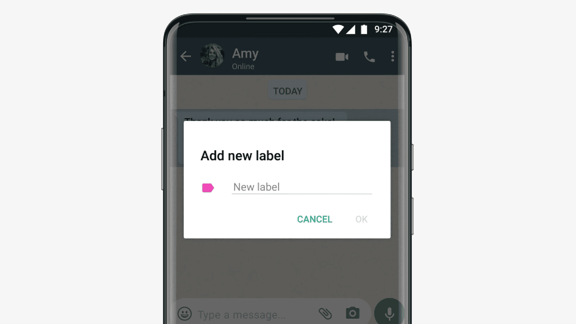 Add new label screen in the WhatsApp Business app.