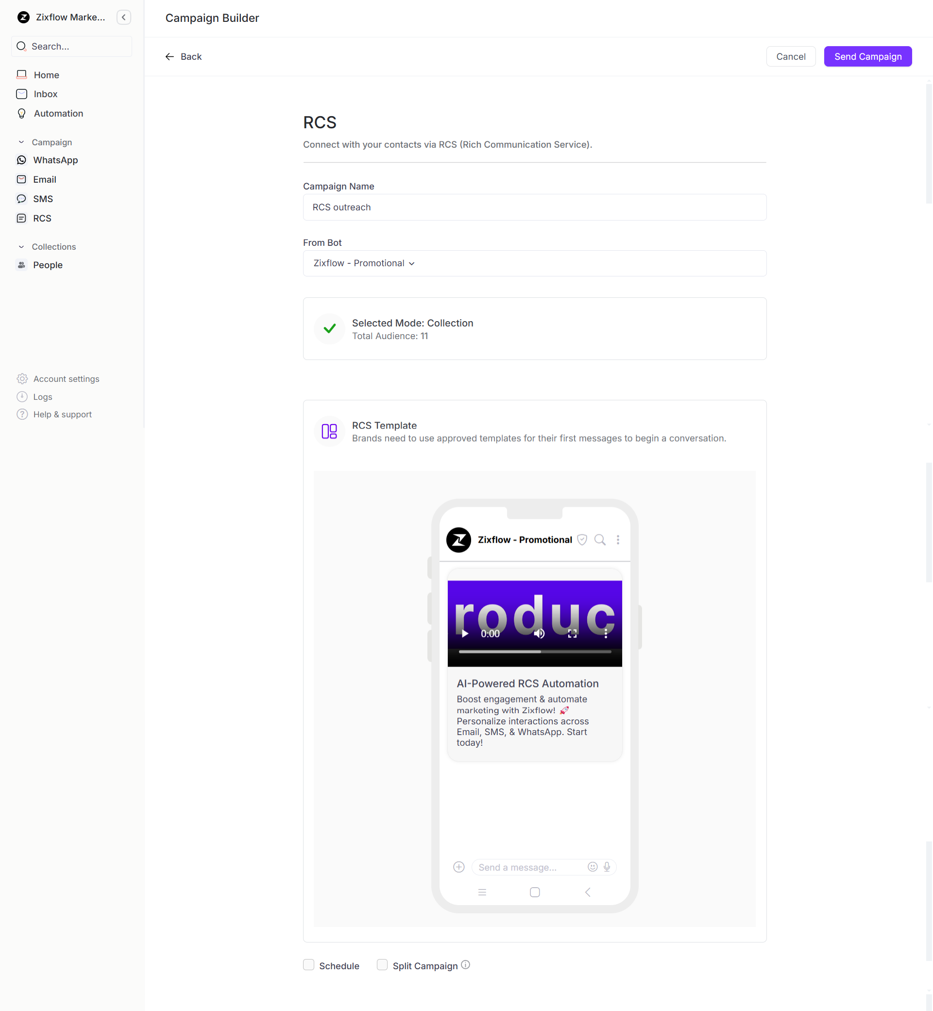 Zixflow’s RCS campaign editor.
