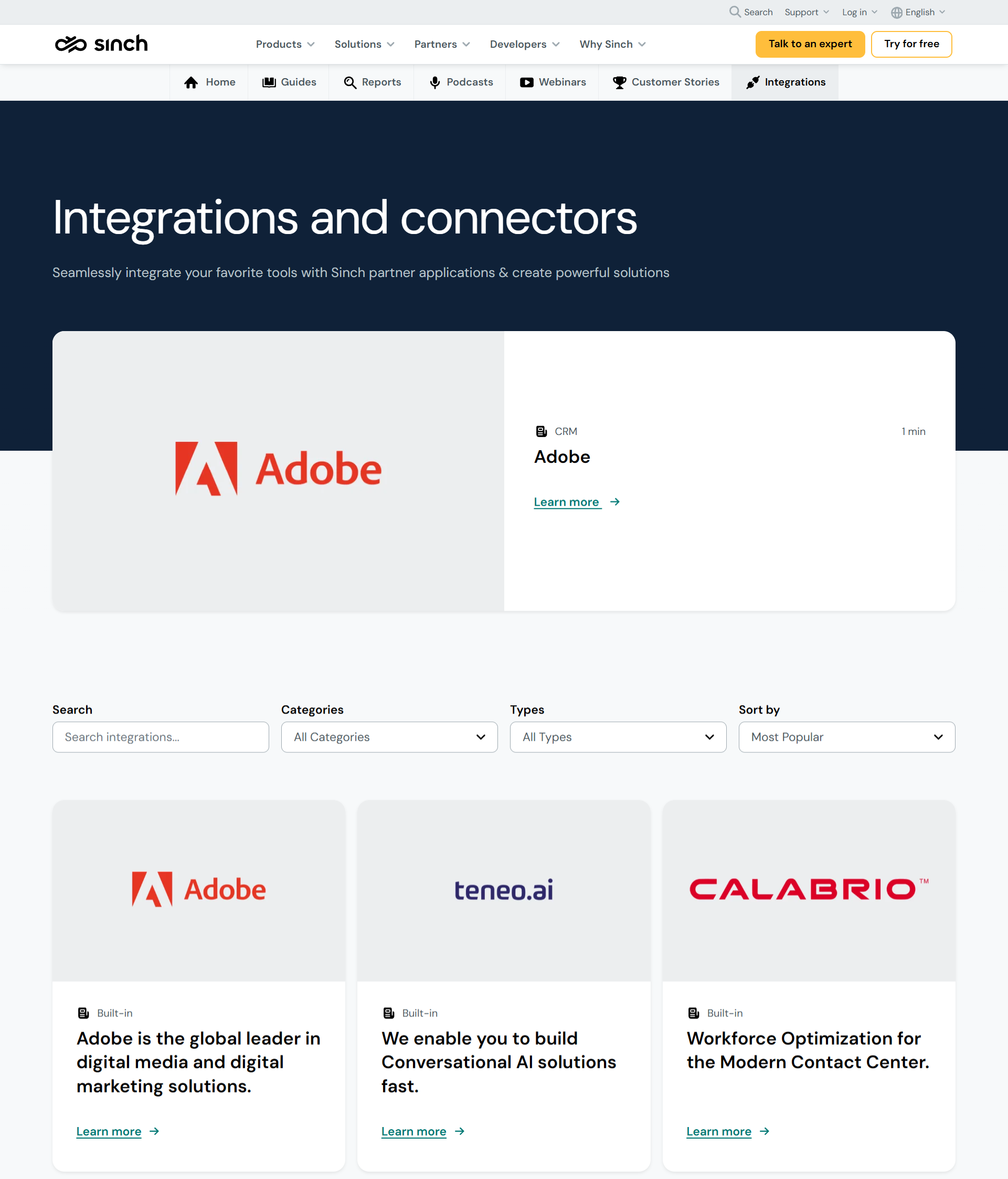 Sinch’s list of integrations.