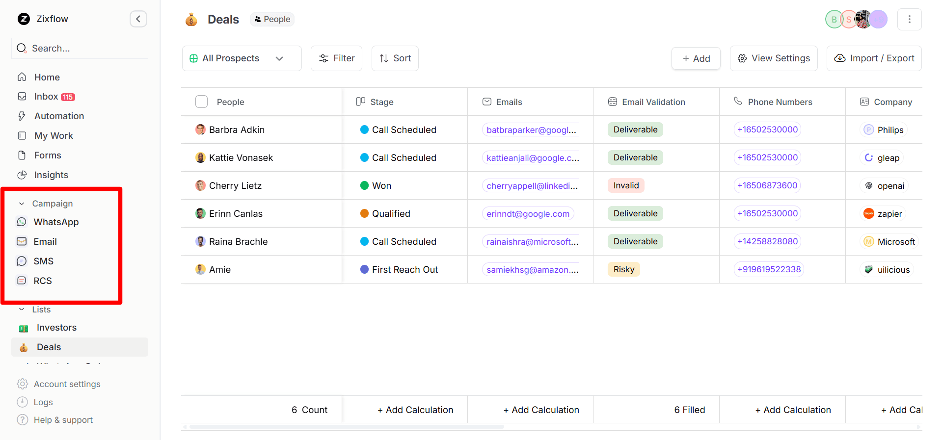 The Campaign section within Zixflow, from where you can access all the channels.