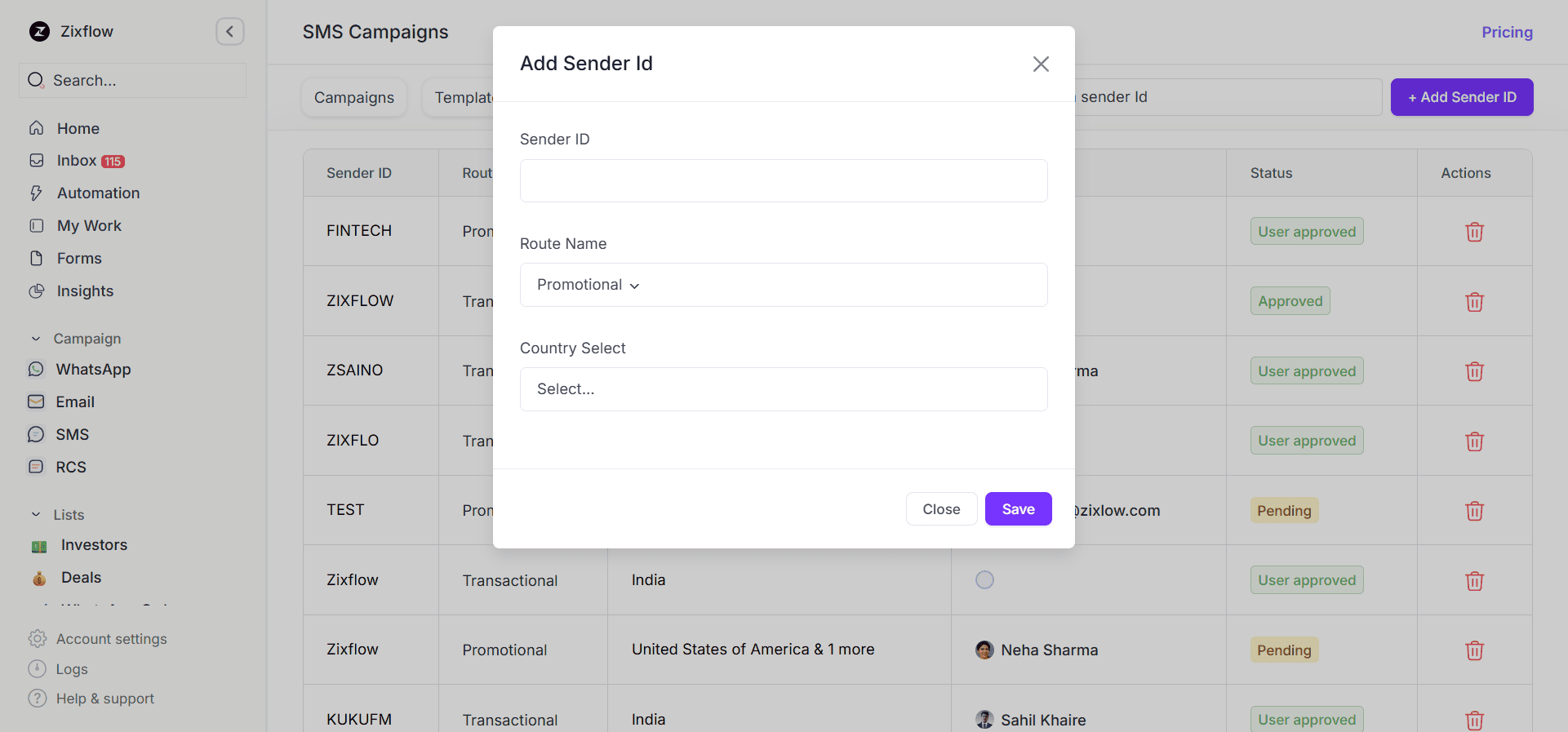 Set up the SMS channel by entering your Sender ID in Zixflow.