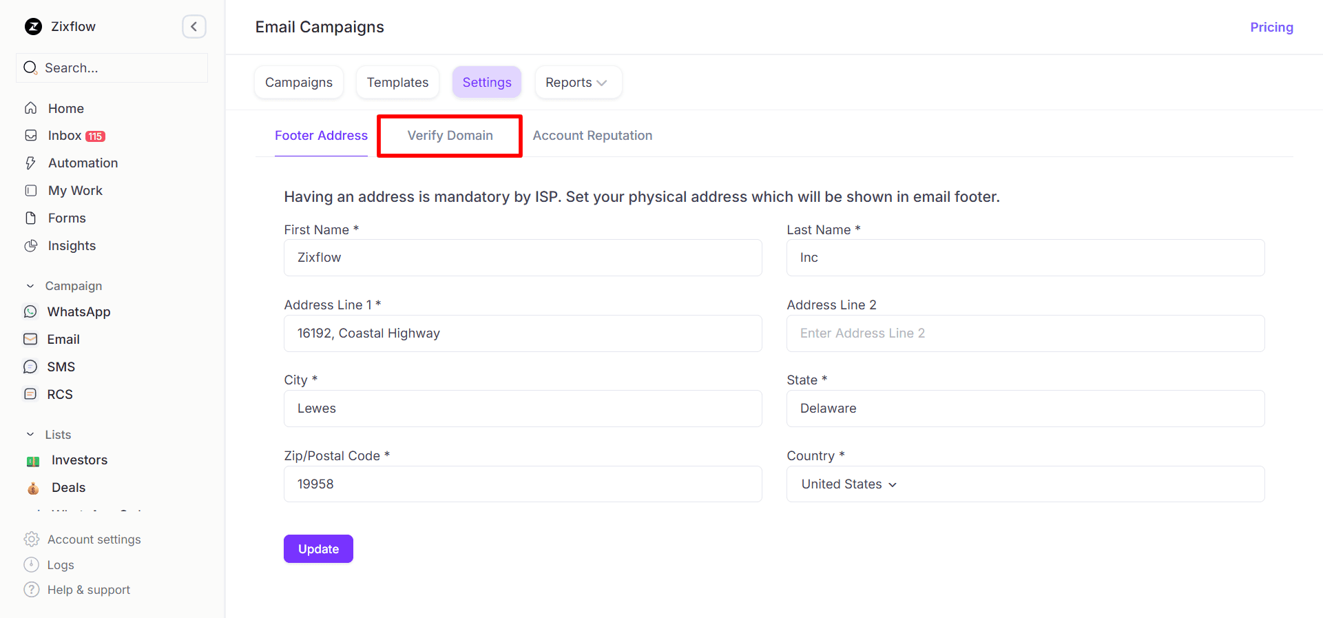Set up your emails by filling in the footer details about your business.
