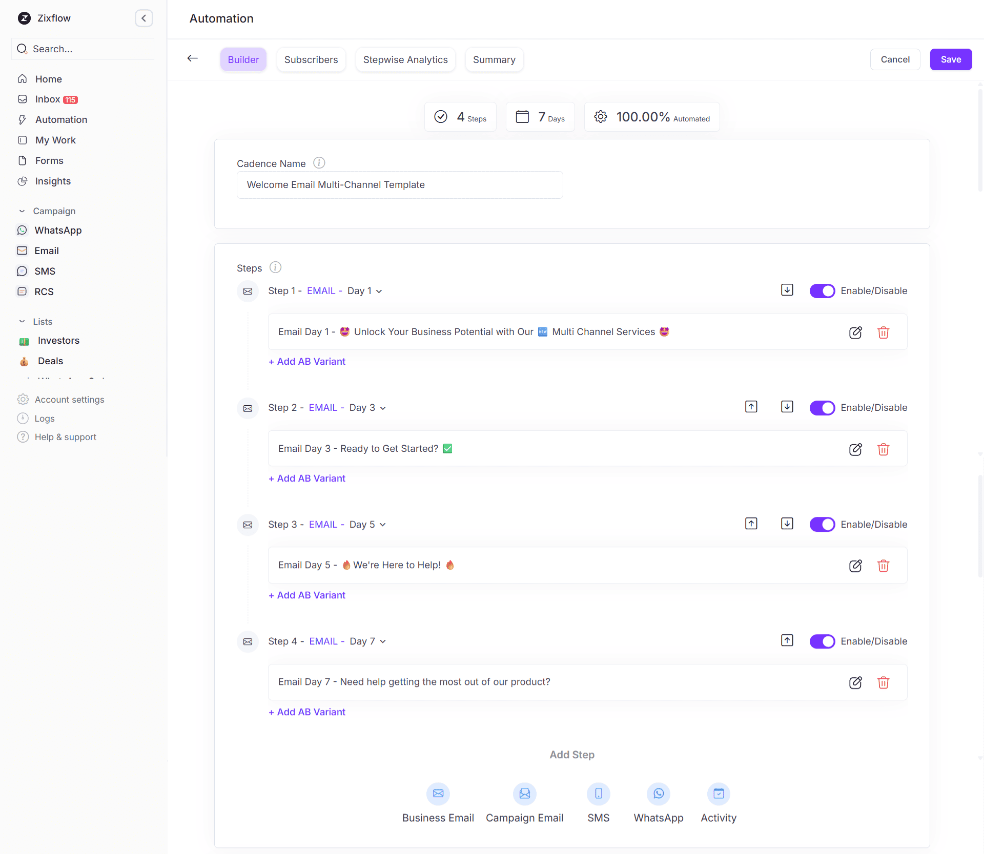 The sales cadence builder within Zixflow to automate your conversations. 