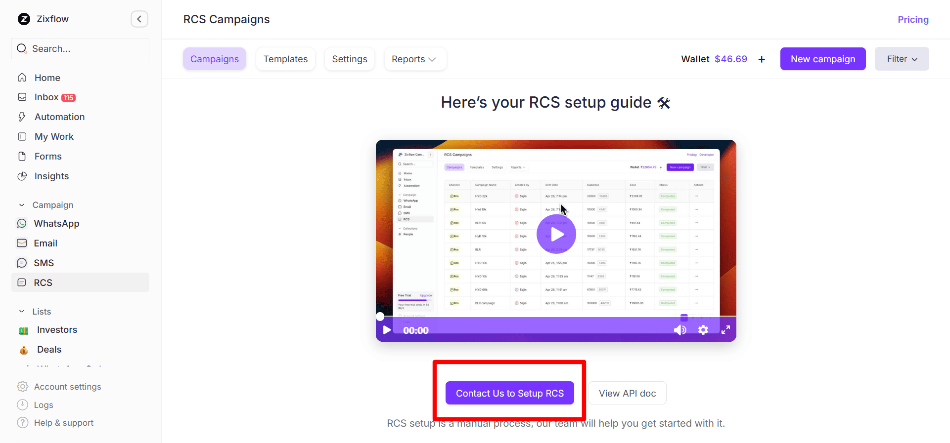 RCS setup screen in Zixflow.