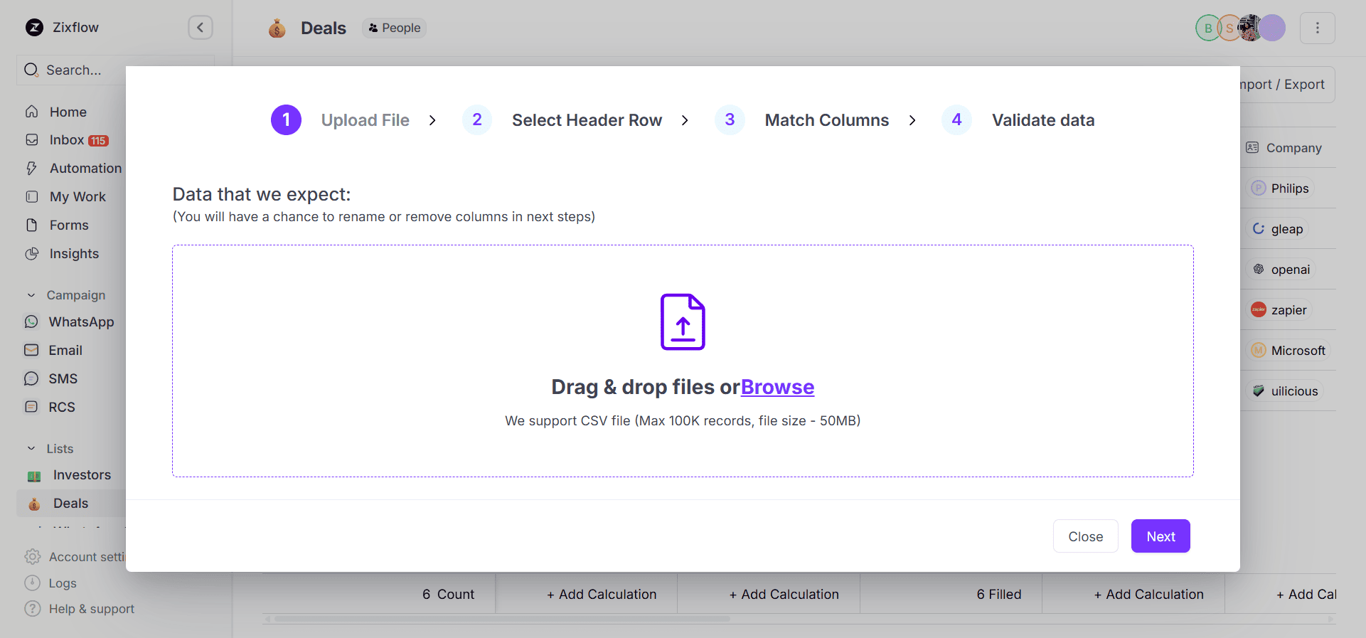 The bulk import function to effectively import contact data into Zixflow.