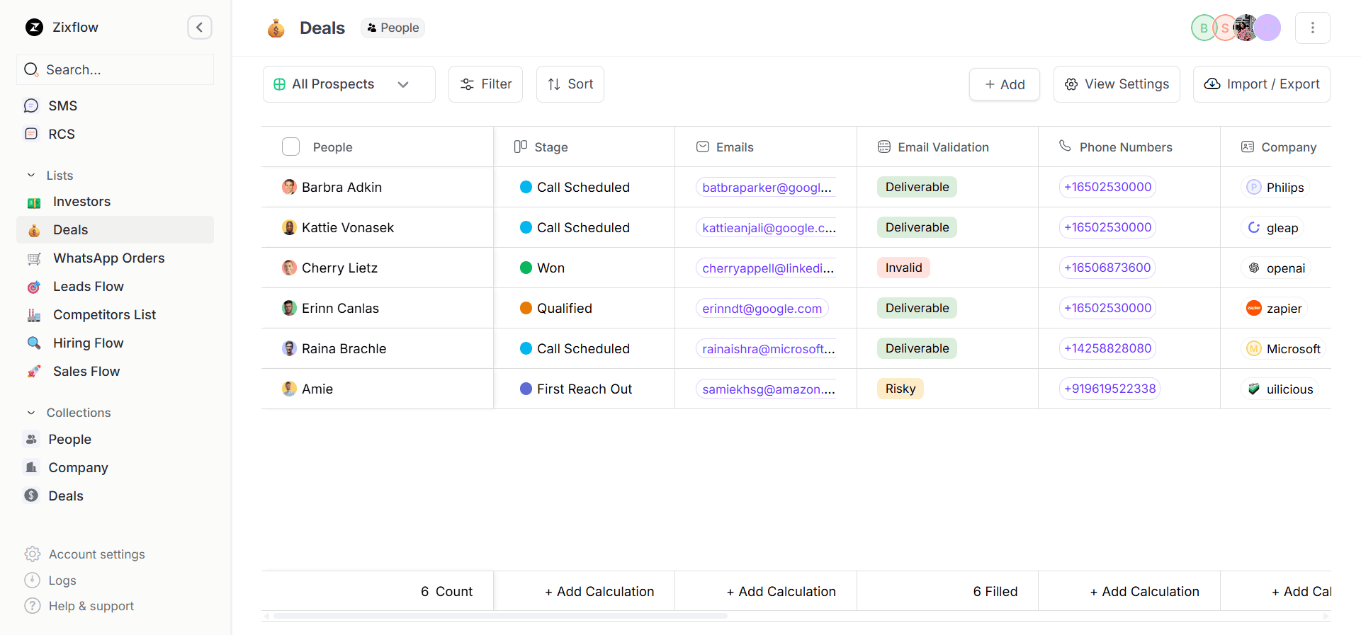 A list labeled Deals within Zixflow CRM.