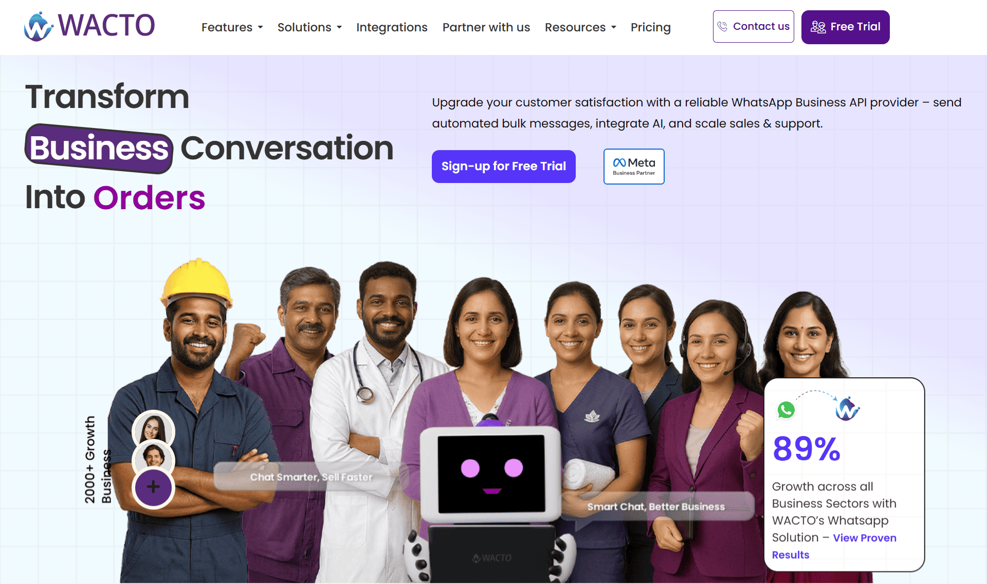 Homepage of WACTO, a WhatsApp-first Sprinklr alternative.