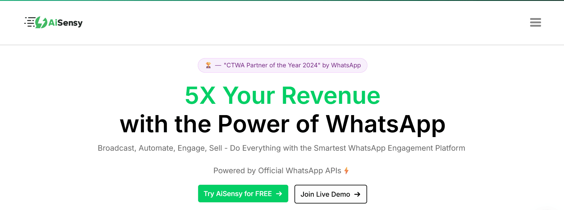 Homepage of AiSensy, a WhatsApp-first Sprinklr alternative