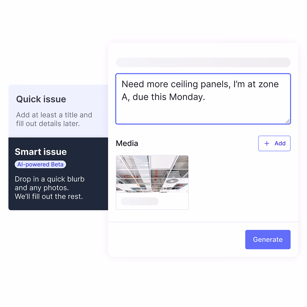Issue tracker interface with a text entry stating need for more ceiling panels at zone A, due Monday, and a photo of ceiling panels in the media section.