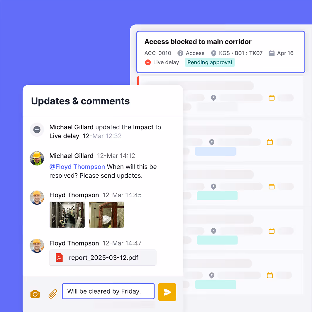 Issue tracker interface showing an access block to the main corridor with status 'Pending approval' and updates/comments from Michael Gillard and Floyd Thompson including photos and a PDF report.