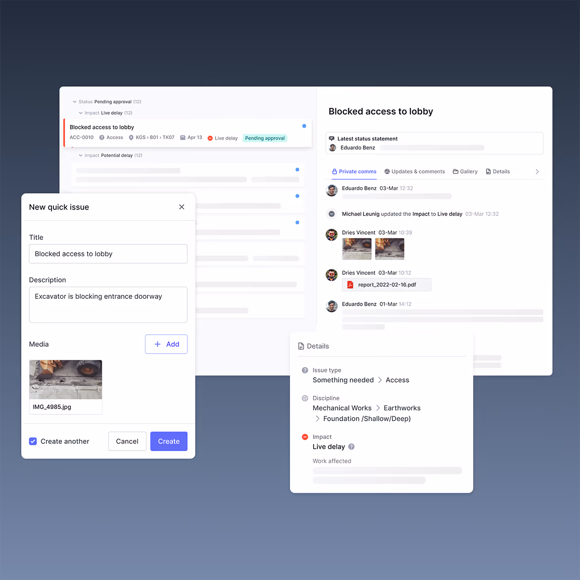 Construction issue tracker interface showing 'Blocked access to lobby' issue with status, description, attached media, updates, and detailed impact information.