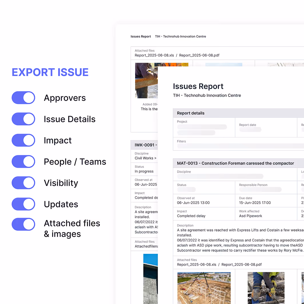 Export issue settings toggles activated for Approvers, Issue Details, Impact, People / Teams, Visibility, Updates, and Attached files & images displayed alongside a detailed Issues Report from Technohub Innovation Centre.