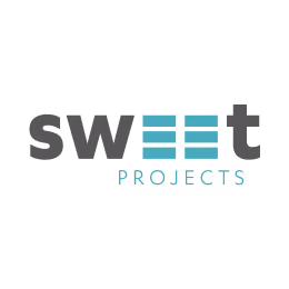 Sweet Projects logo with stylized letter E made of turquoise horizontal bars.