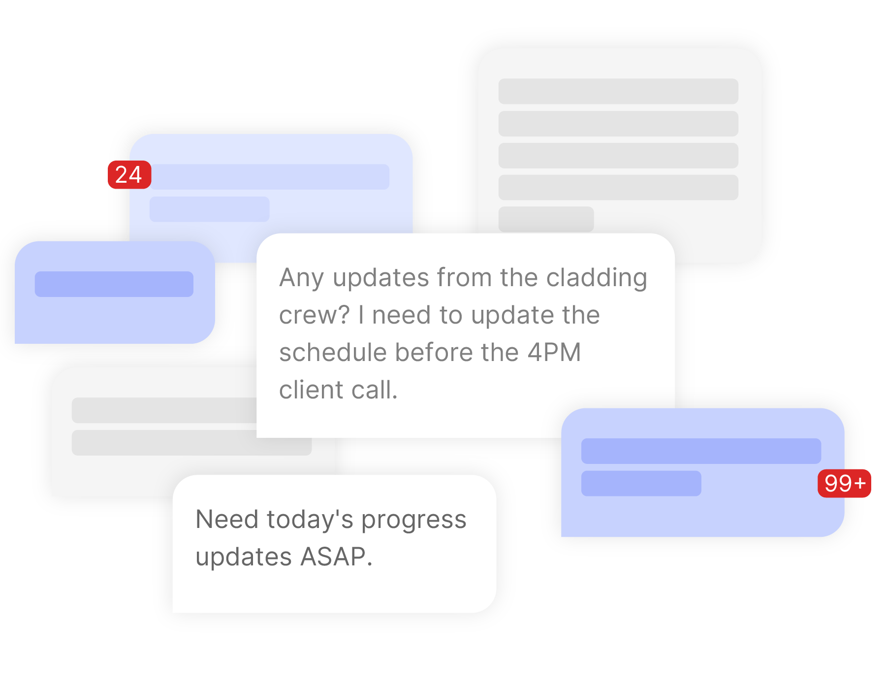 Illustration of multiple chat message bubbles with notifications showing 24 and 99+ unread messages and text about updating a schedule and progress updates.