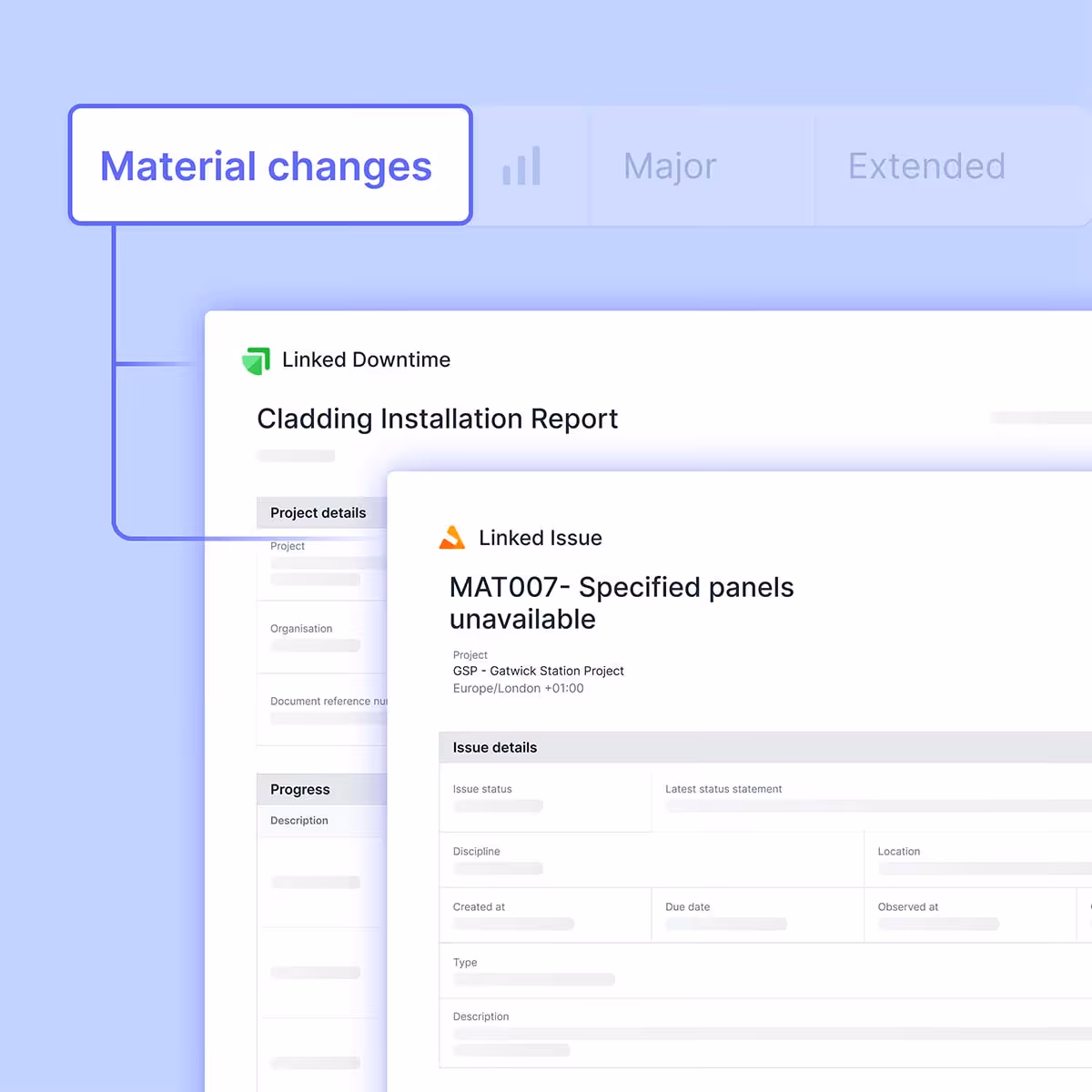 Dashboard showing a linked downtime Cladding Installation Report and a linked issue MAT007 about specified panels unavailable for the GSP - Gatwick Station Project.