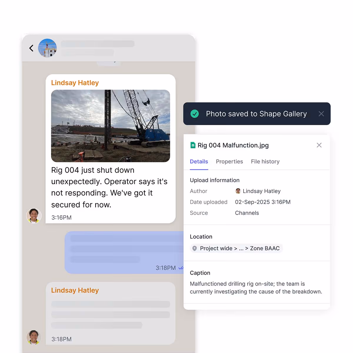 Chat message from Lindsay Hatley showing a photo of a construction drilling rig that shut down unexpectedly, with details of malfunction and investigation.