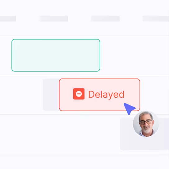 Chat interface showing a red message bubble labeled 'Delayed' with a stop icon, pointing to a profile picture of a man wearing glasses and a light blue shirt.