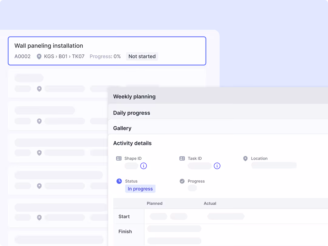 User interface displaying task details for wall paneling installation, showing status as 'Not started' and a pop-up with weekly planning, daily progress, gallery, and activity details including 'In progress' status.