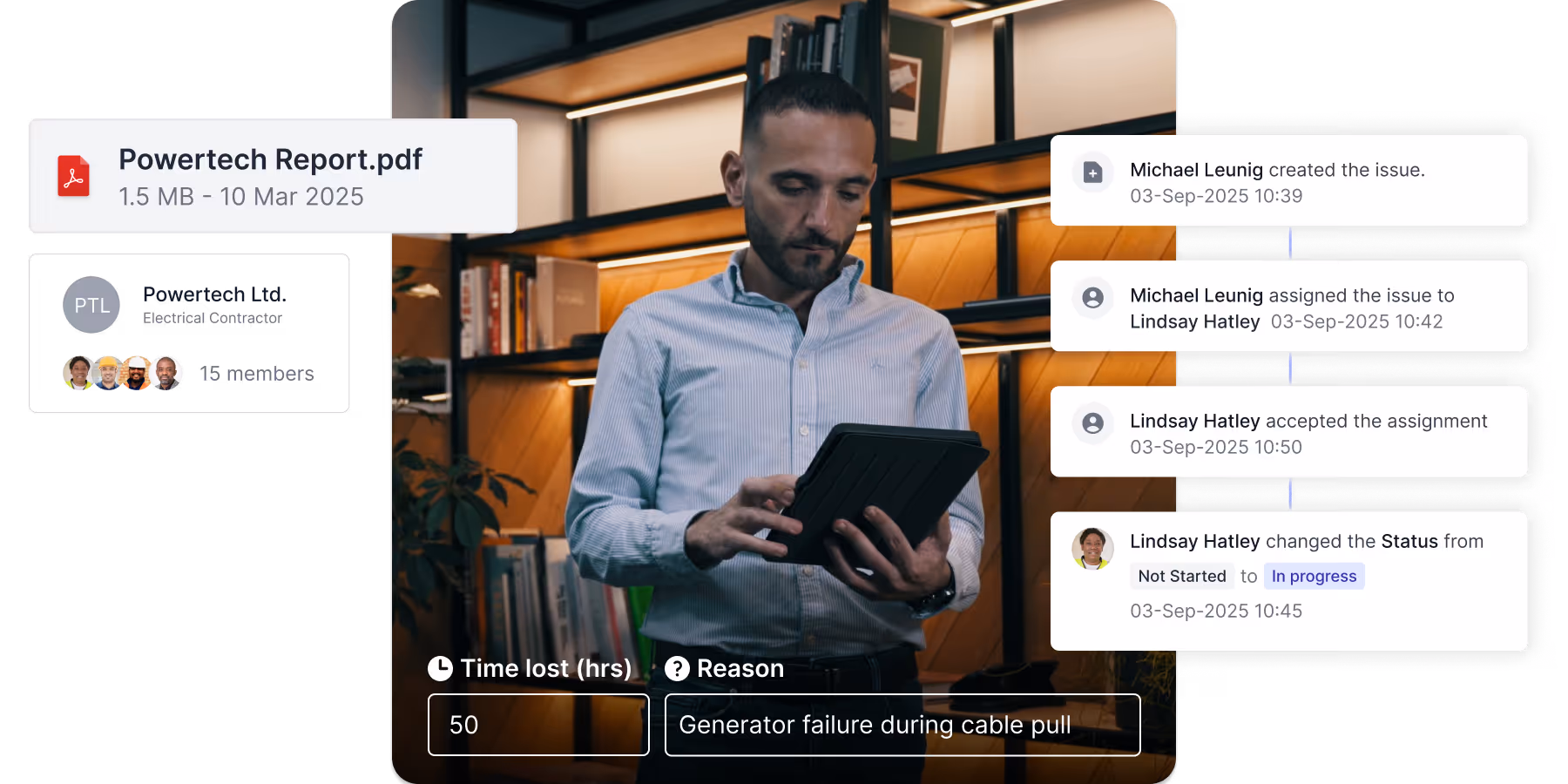 Man in a light blue shirt holding a tablet with project management updates and a report file overlay, showing task assignments and time lost due to generator failure.