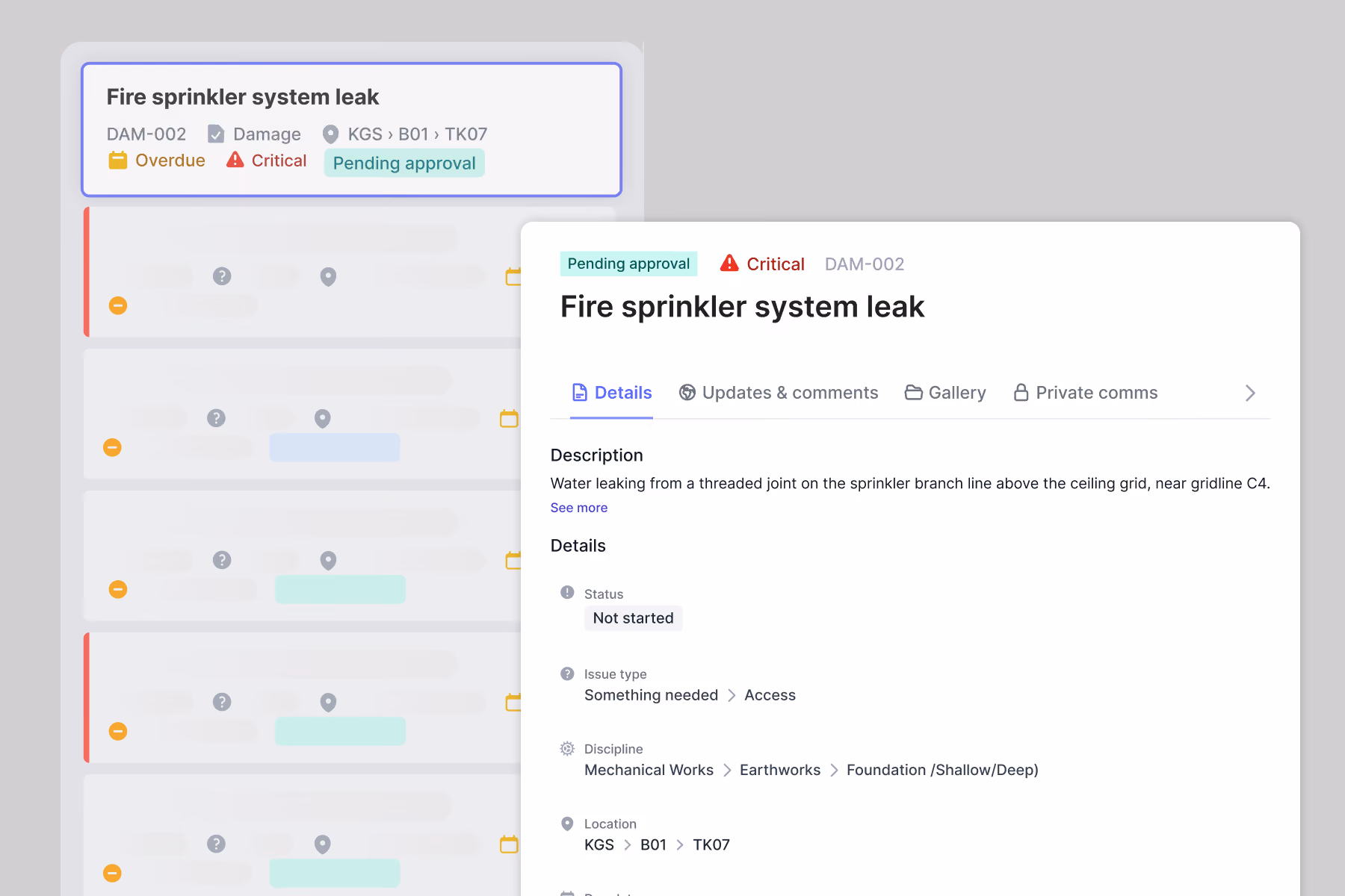 User interface screen showing a fire sprinkler system leak claim labeled DAM-002, marked overdue, critical, and pending approval with comment updates including a photo of a leaking sprinkler pipe in a concrete corner.