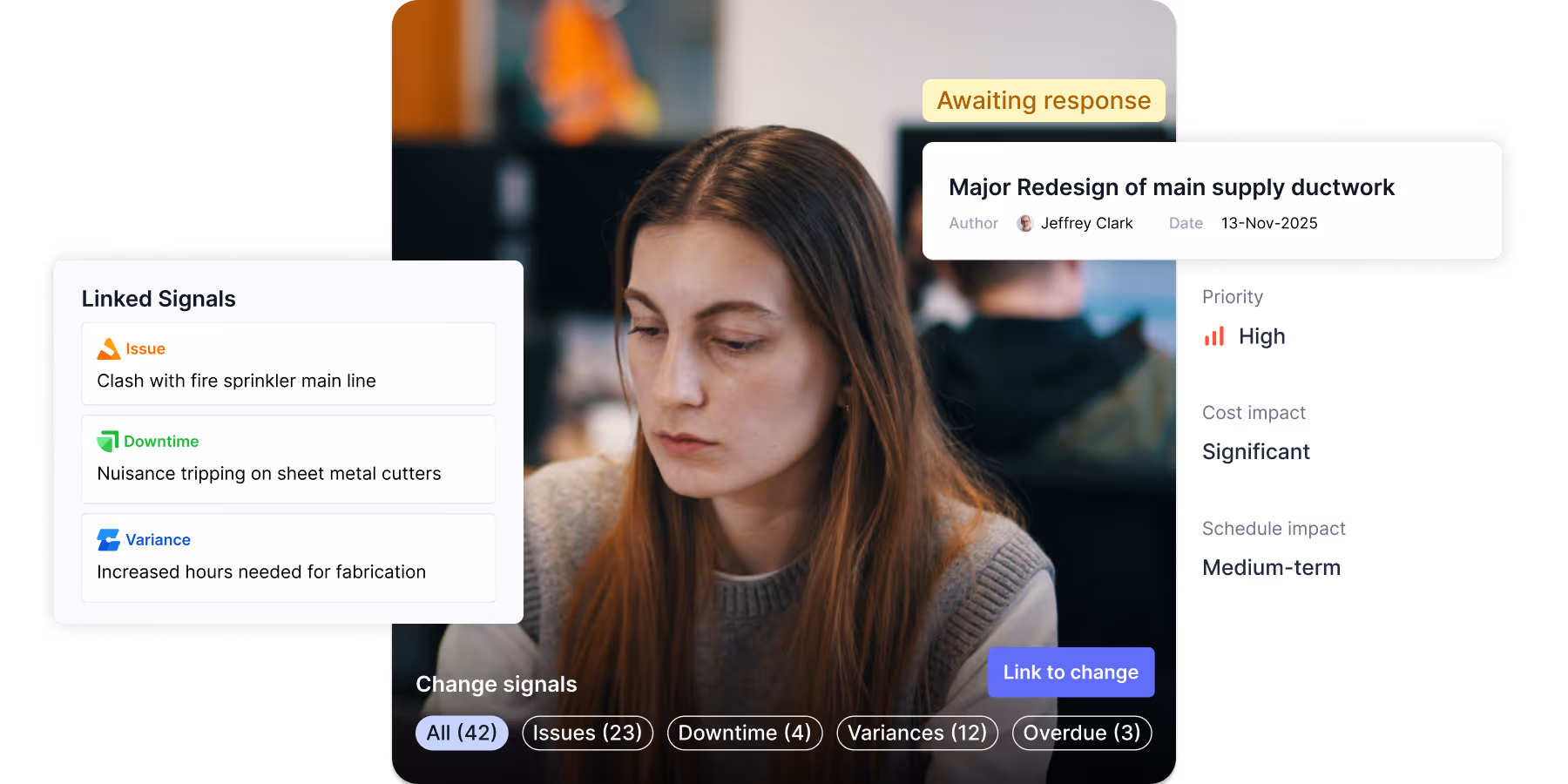 Woman with long brown hair focused on work, with an overlay showing change management details including linked signals of issues, downtime, and variance.
