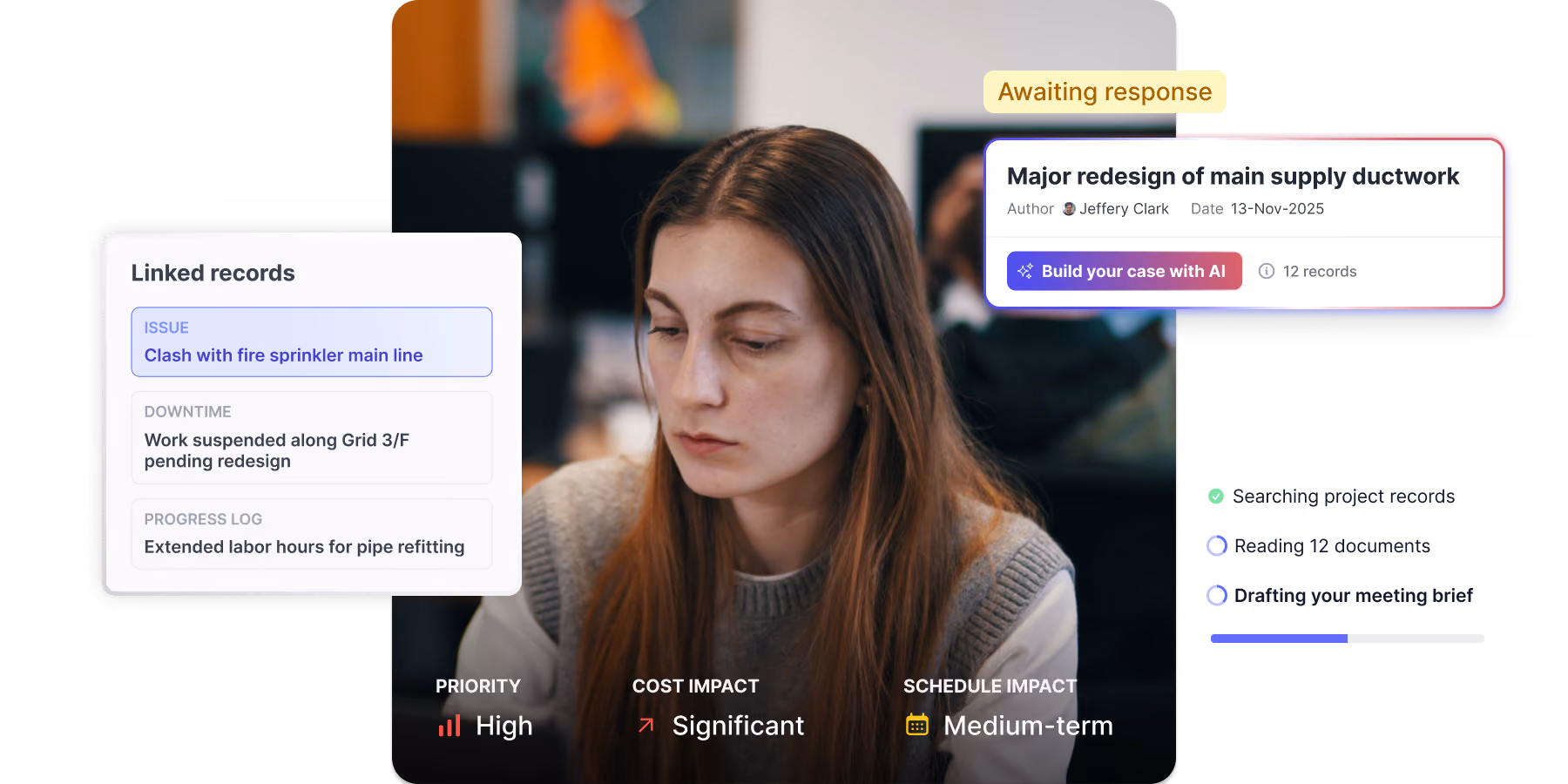 Woman with long brown hair focused on work, with an overlay showing change management details including linked signals of issues, downtime, and variance.