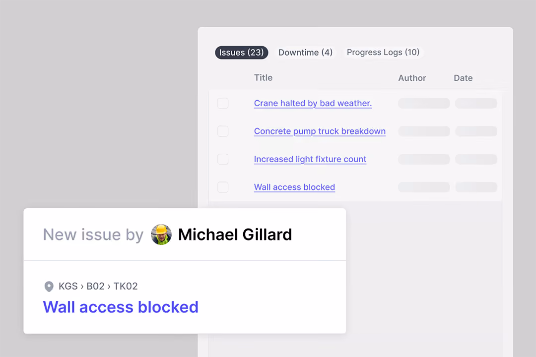Dashboard showing a list of issues, downtime, and variances including 'Wall access blocked' reported by Michael Gillard.