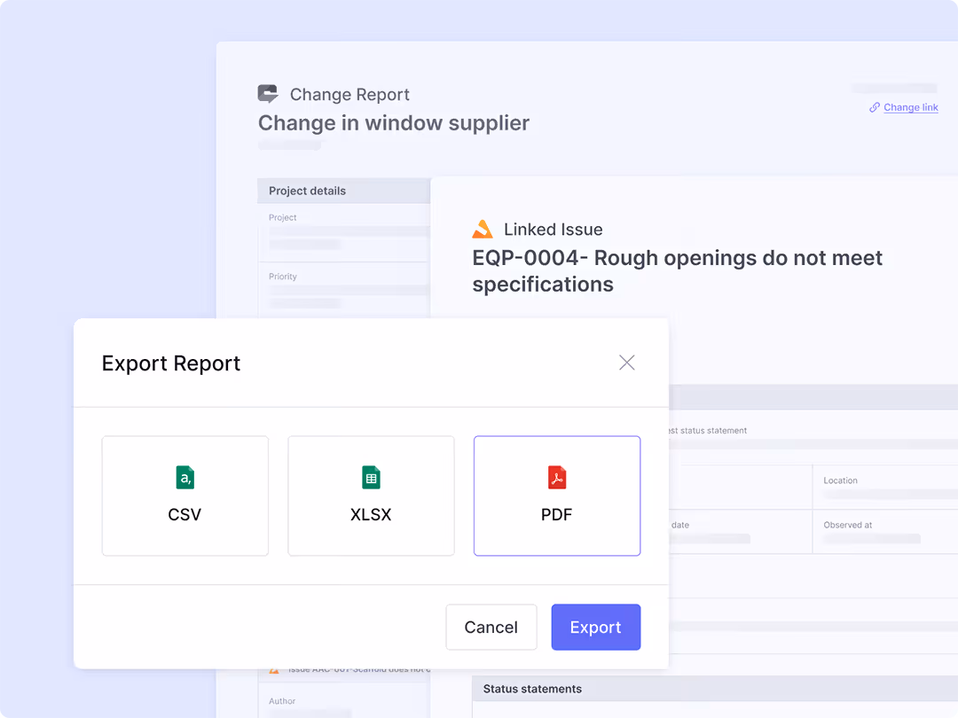Export Report dialog box with options to export as CSV, XLSX, or PDF with Cancel and Export buttons.