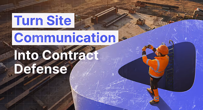 Construction worker in orange gear taking photo on site with text about site communication and contract defense.