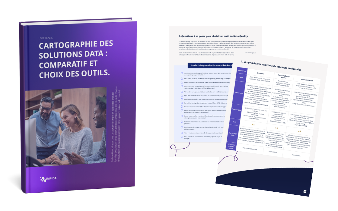 Couverture du livre blanc Cartographie des solutions Data de Limpida, avec quelques pages du guide en éventail
