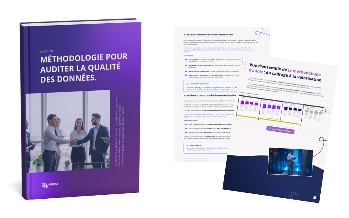 Couverture du livre blanc Limpida sur la méthodologie d'audit de la qualité des données, accompagnée de ses fiches d'évaluation