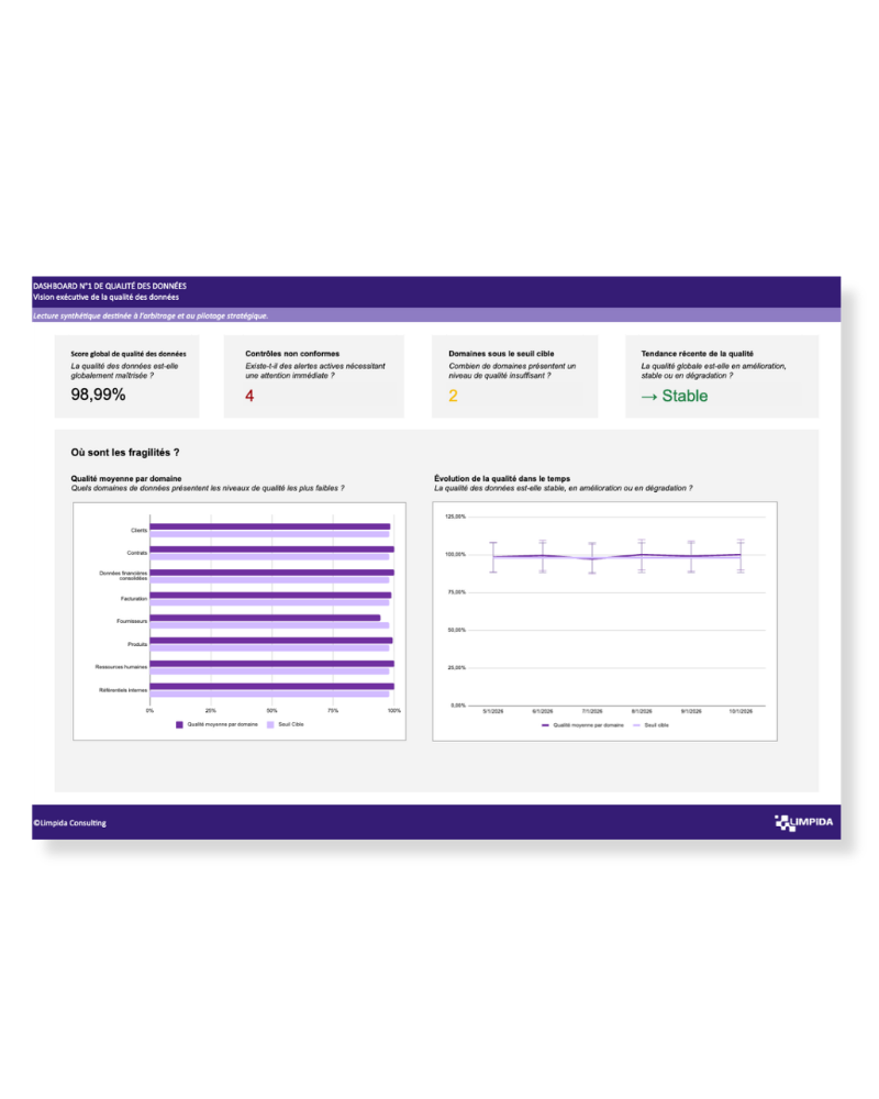 Dashboard 1, vision exécutive de la qualité des données