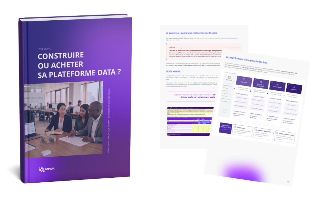 Couverture du livre blanc Construire ou acheter sa plateforme data, avec des pages du guide en éventail
