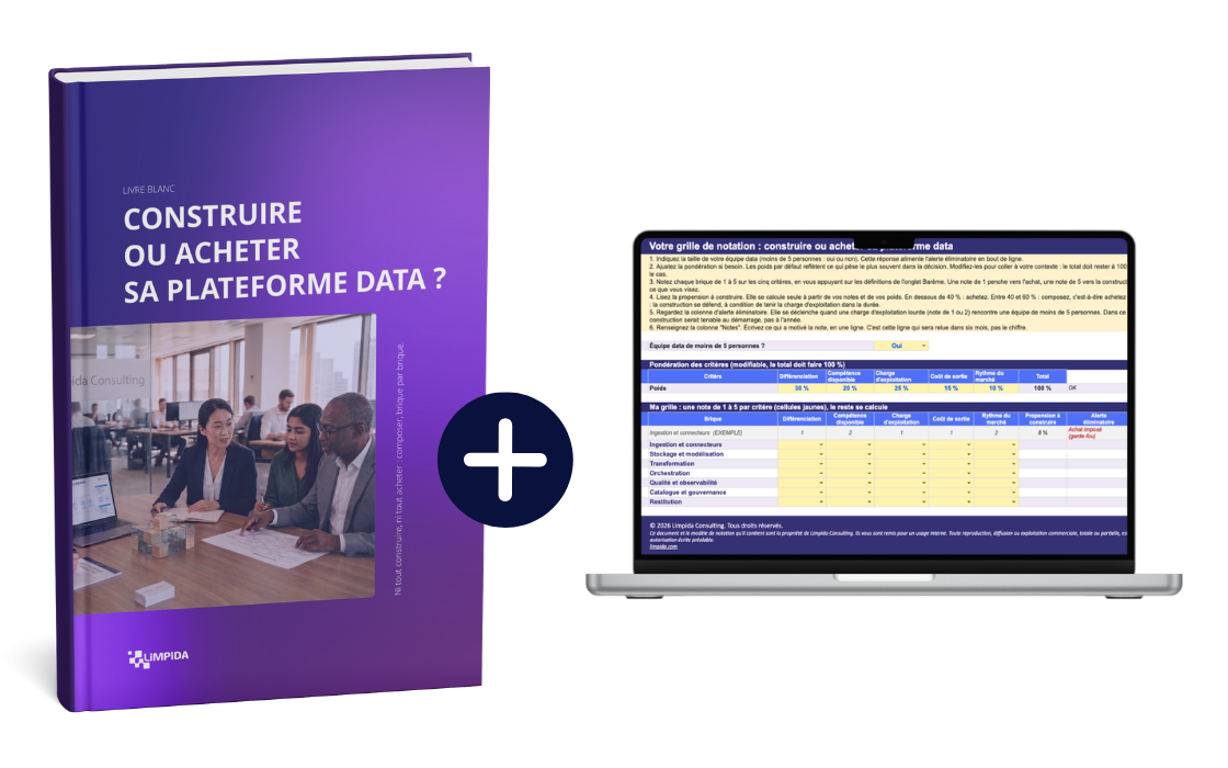 Couverture du livre blanc Construire ou acheter sa plateforme data, avec des pages du guide en éventail