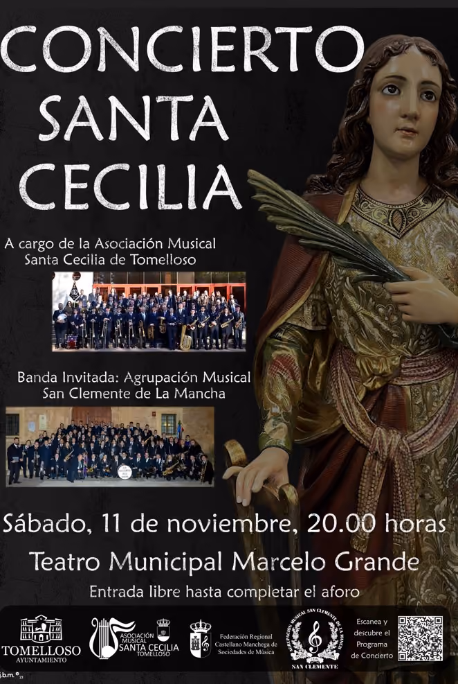 Cartel del evento con una talla de Santa Cecilia
