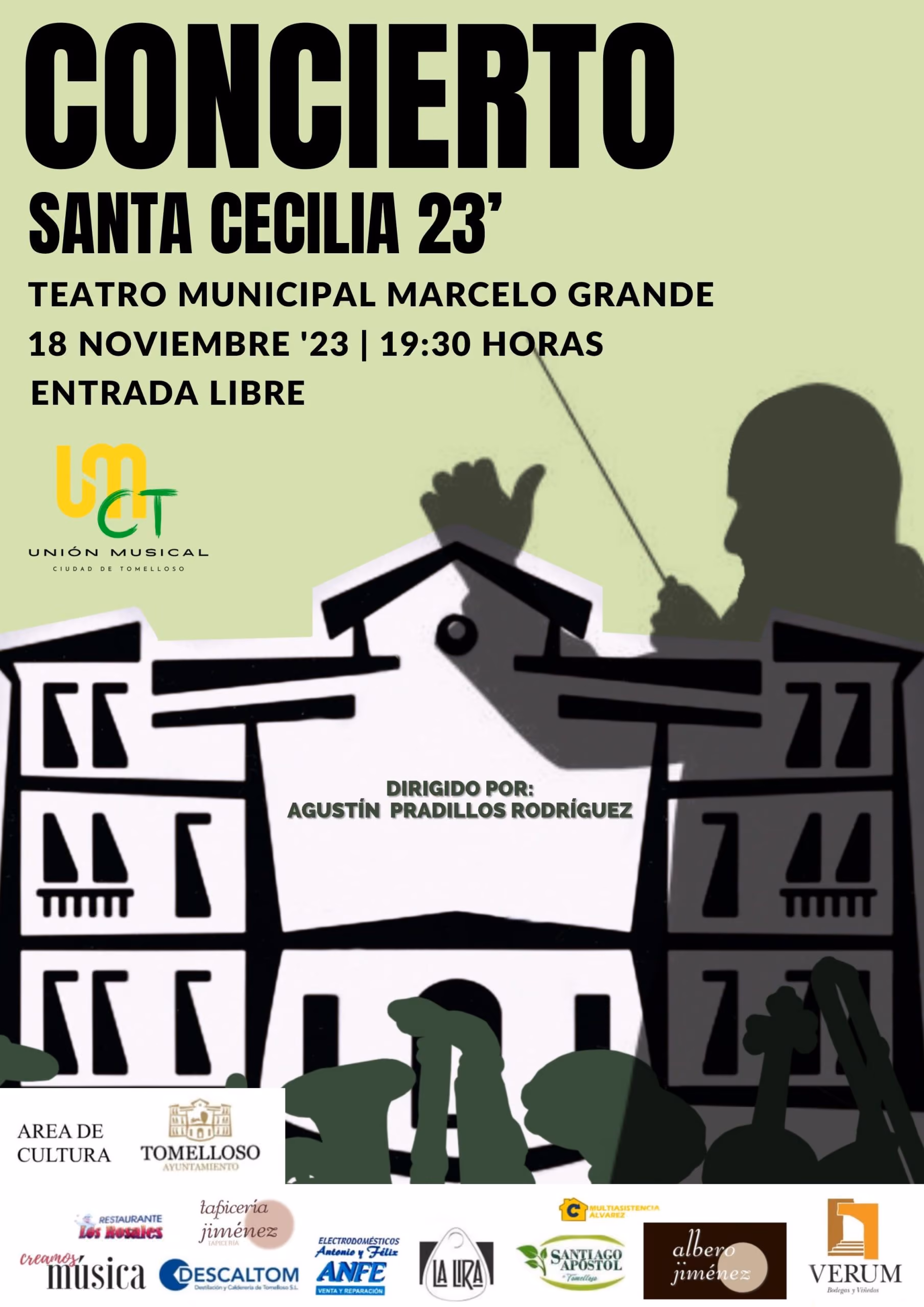 Cartel del concierto con una ilustración de la ciudad de Tomelloso y un director de orquesta