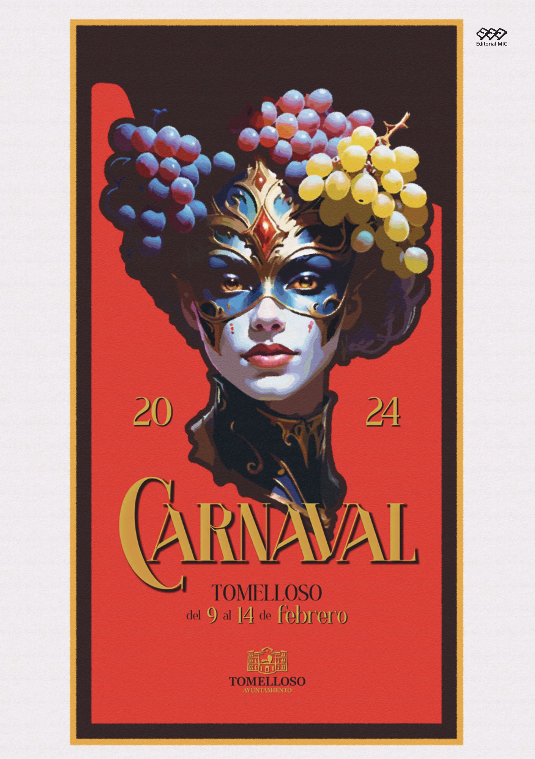 Cartel del carnaval 2024 con ilustración de arlequín ataviado con máscara y motivos vinícolas