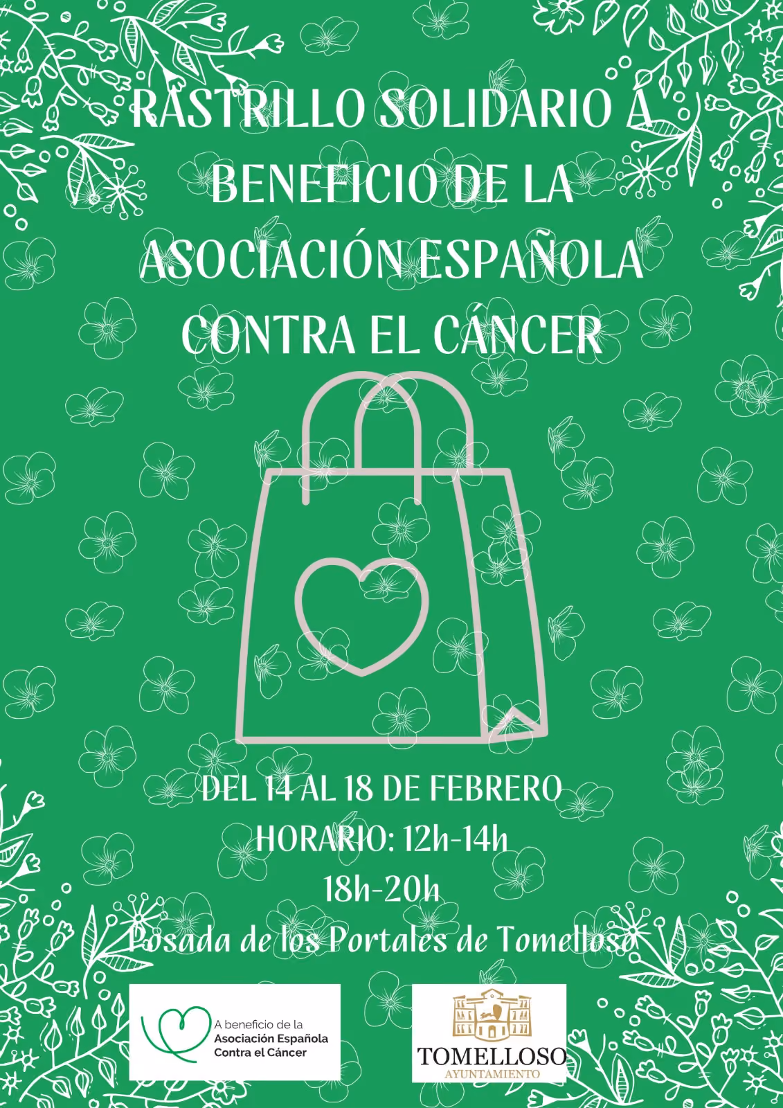 Cartel del evento con gráficos florales sobre fondo verde