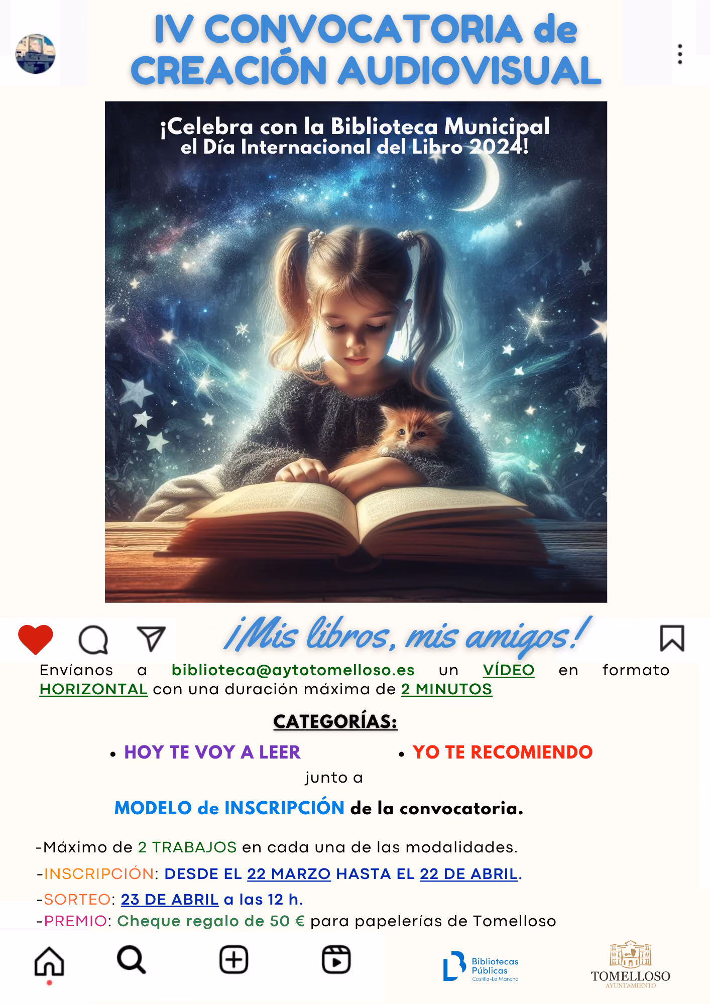 IV Convocatoria de Creación Audiovisual. ¡Celebra con la Biblioteca Municipal el Día Internacional del Libro 2024!