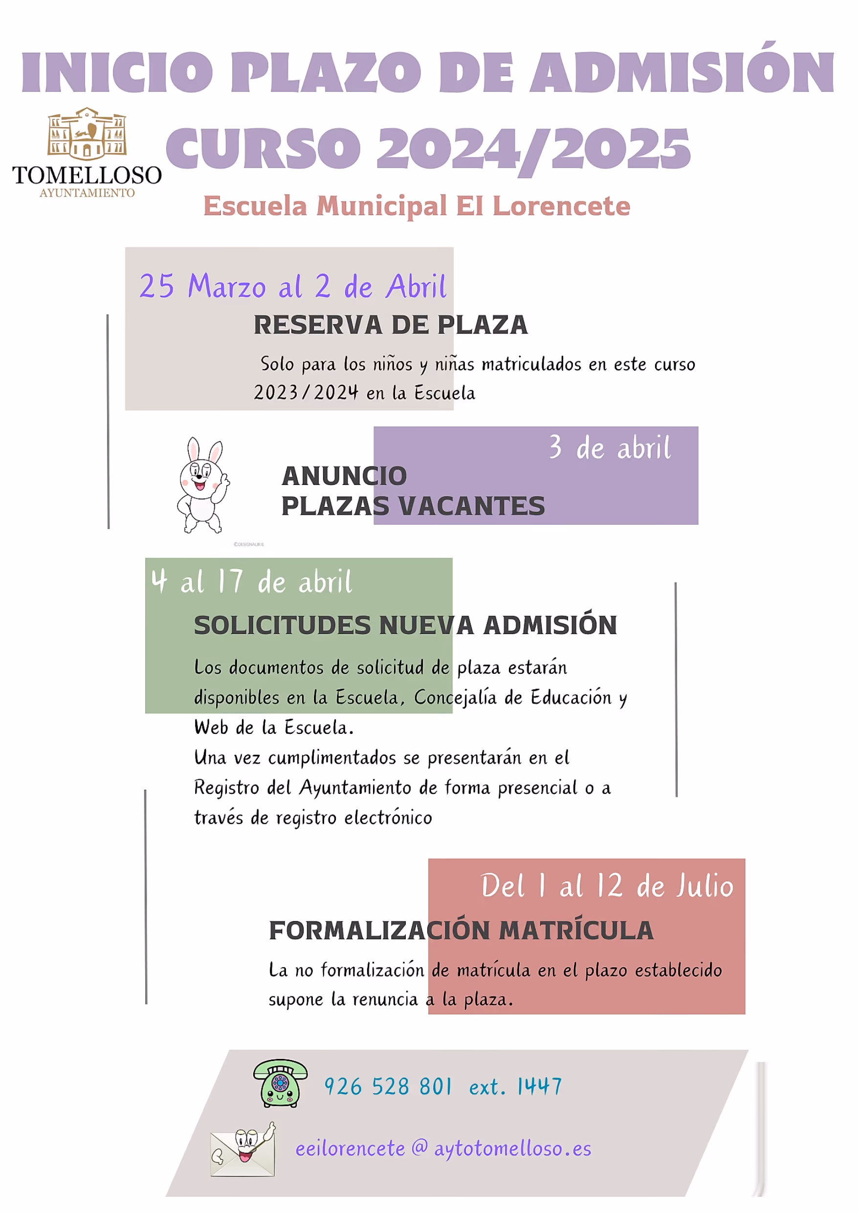 Cartel completo donde se anuncia el inicio plazo de admisión curso 2024 - 2025 y otra información
