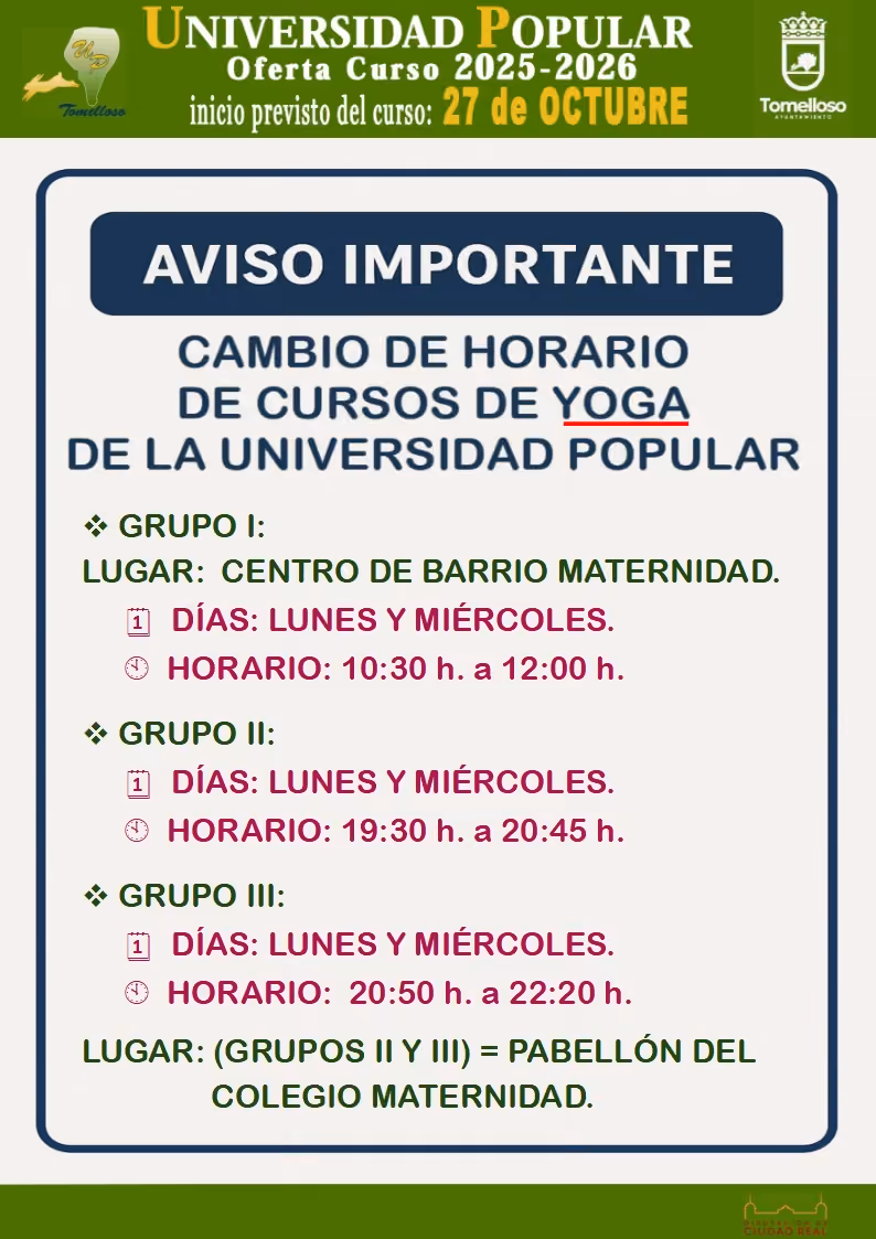 Aviso sobre cdambio de horarios cursos de Yoga de la UP